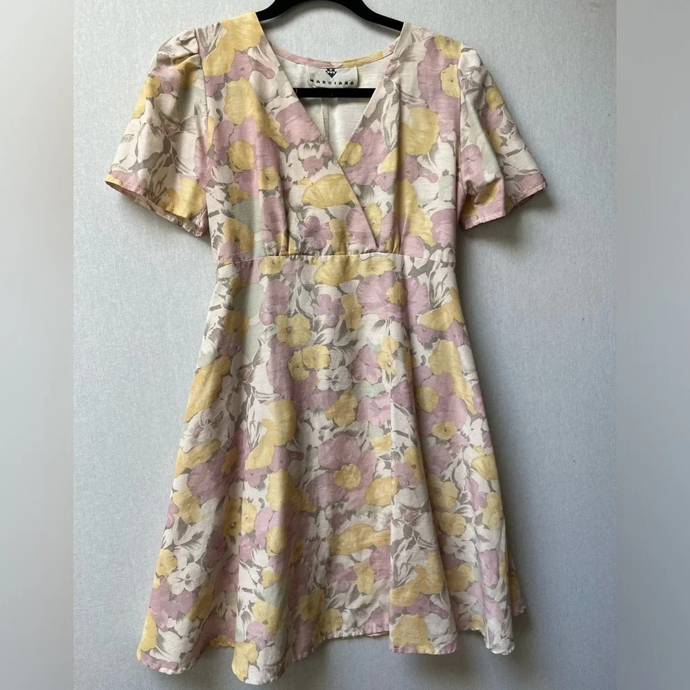 Vintage Marciano Floral Linen Faux Wrap Dress Sz M Yellow Pink Cottagecore V-Nec